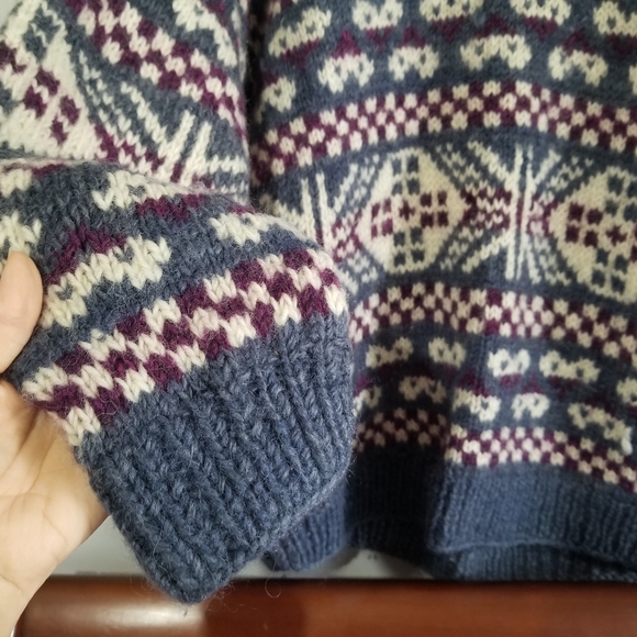 Nepal Hand Knit Wool Nordic Inspired Navy Diamond Motifs UNIQUE Sweater Rustic - Picture 4 of 13